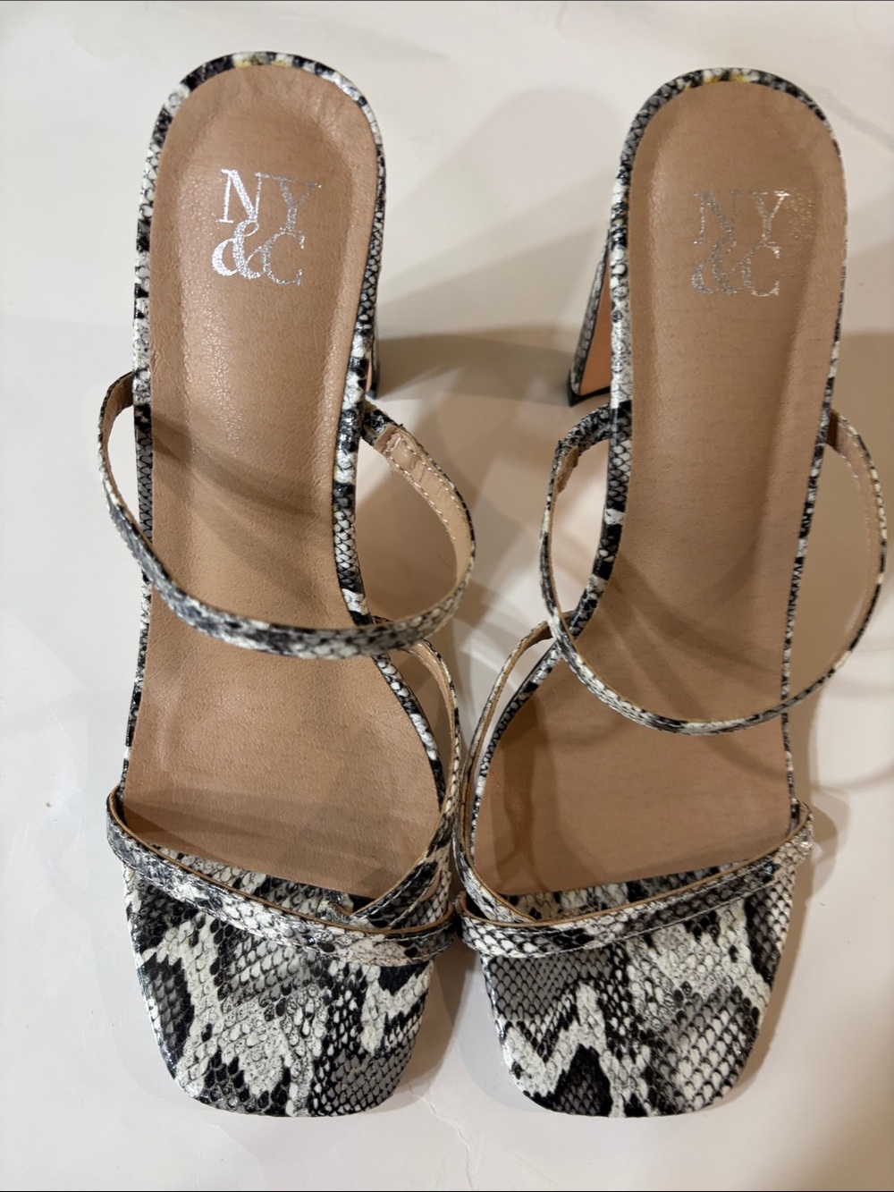 New York & Company Black and White Snake-Print Strappy Heels
